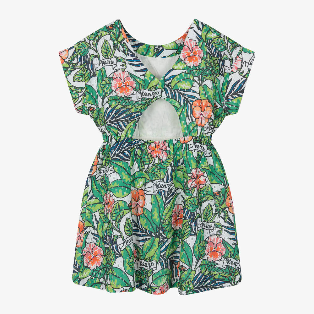 KENZO KIDS-فستان قطن لون أخضر بطبعة ورود | Childrensalon Outlet