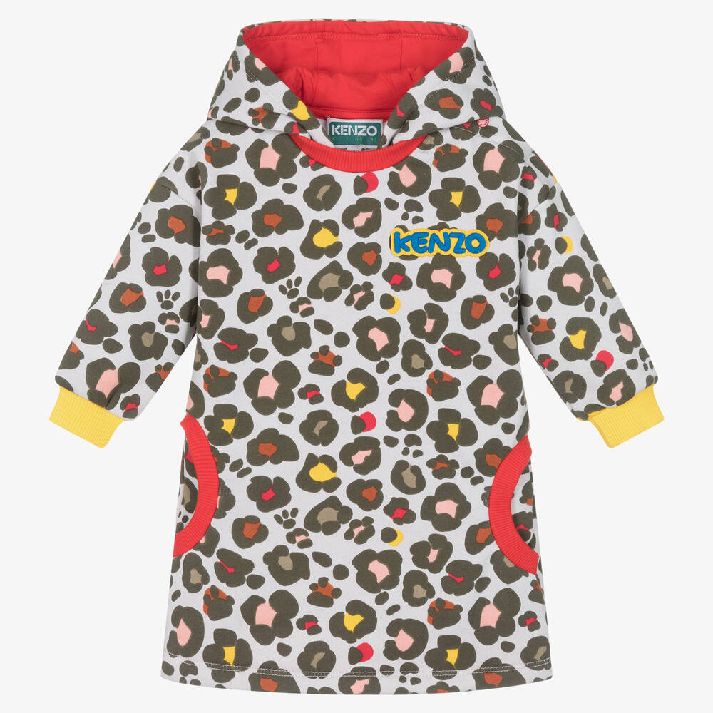 KENZO KIDS-Girls Grey Cotton Animal Print Hooded Dress | Childrensalon Outlet