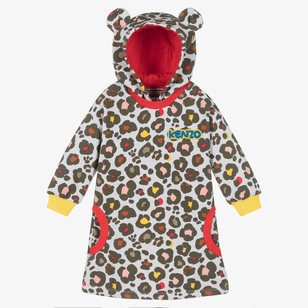 KENZO KIDS - Серое хлопковое платье с животным принтом с капюшоном | Childrensalon