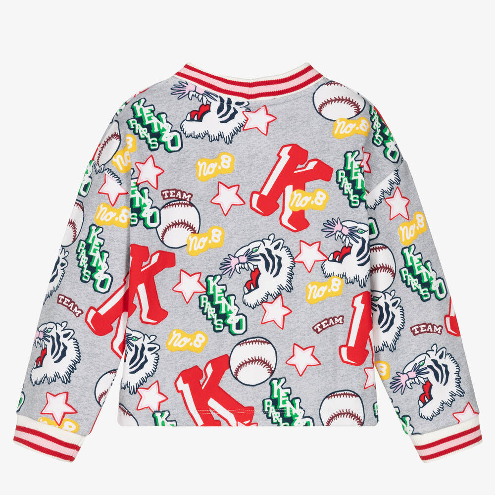 KENZO KIDS-Серый хлопковый кардиган с бейсбольным принтом | Childrensalon Outlet