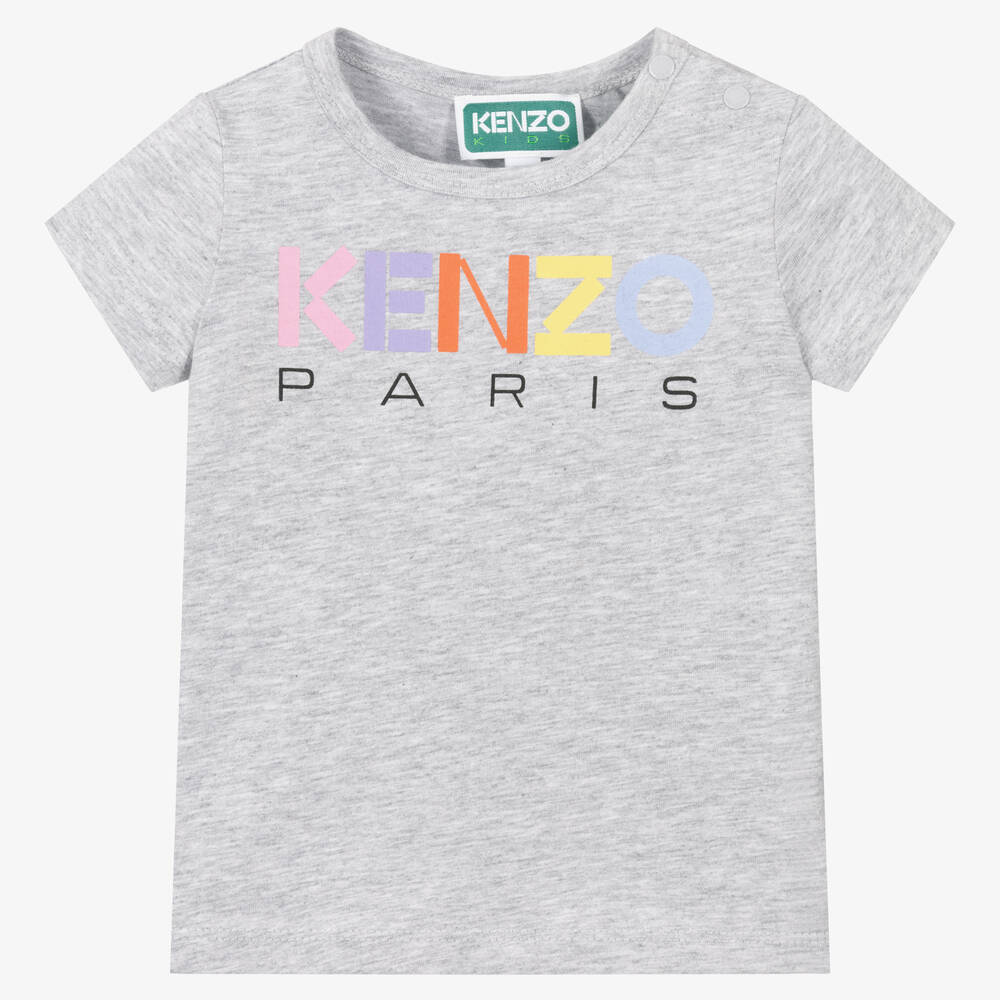 KENZO KIDS - Girls Grey Cotton Logo T-Shirt | Childrensalon
