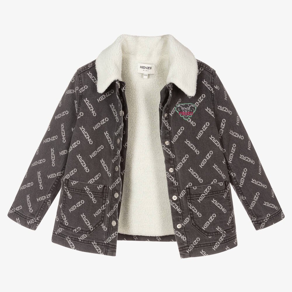 KENZO KIDS-جاكيت قطن دنيم لون رمادي داكن للبنات | Childrensalon Outlet
