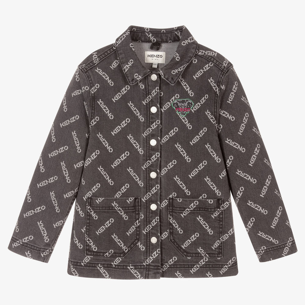 KENZO KIDS-جاكيت قطن دنيم لون رمادي داكن للبنات | Childrensalon Outlet