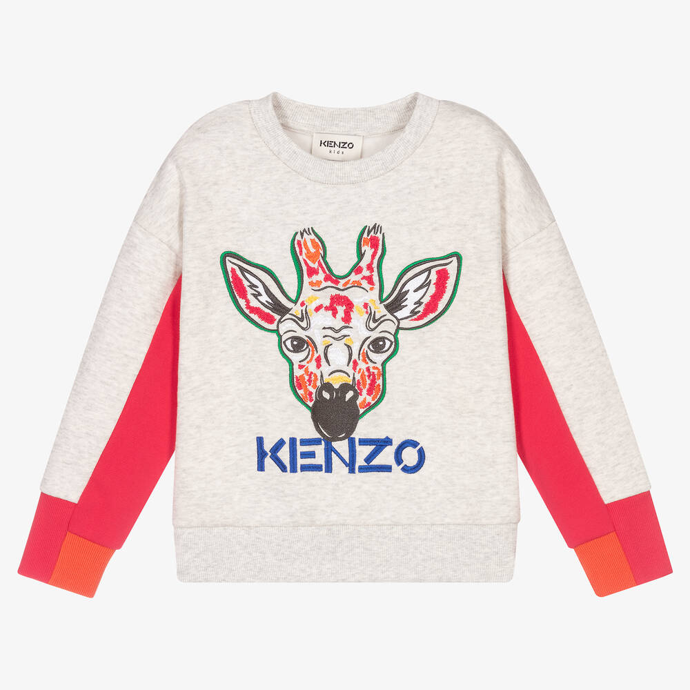 KENZO KIDS - سويتشيرت قطن جيرسي لون رمادي للبنات | Childrensalon