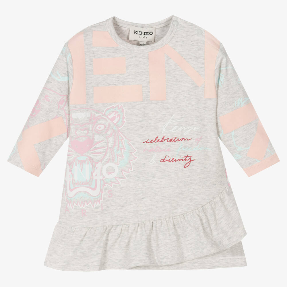 KENZO KIDS - Girls Grey Logo Jersey Dress | Childrensalon