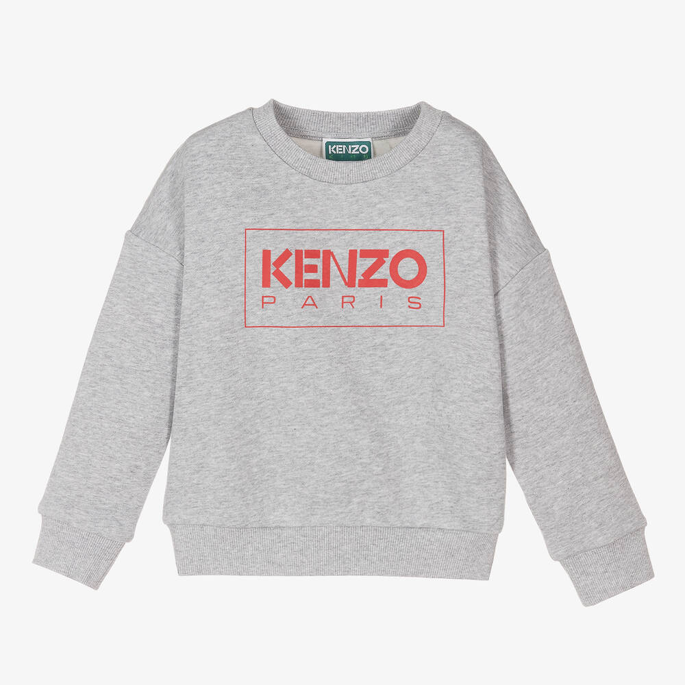 KENZO KIDS - سويتشيرت قطن جيرسي لون رمادي للبنات | Childrensalon