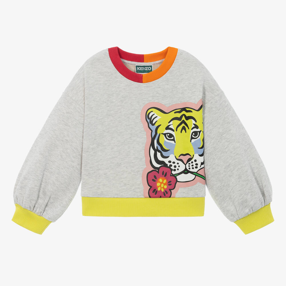 KENZO KIDS - سويتشيرت قطن لون رمادي للبنات | Childrensalon