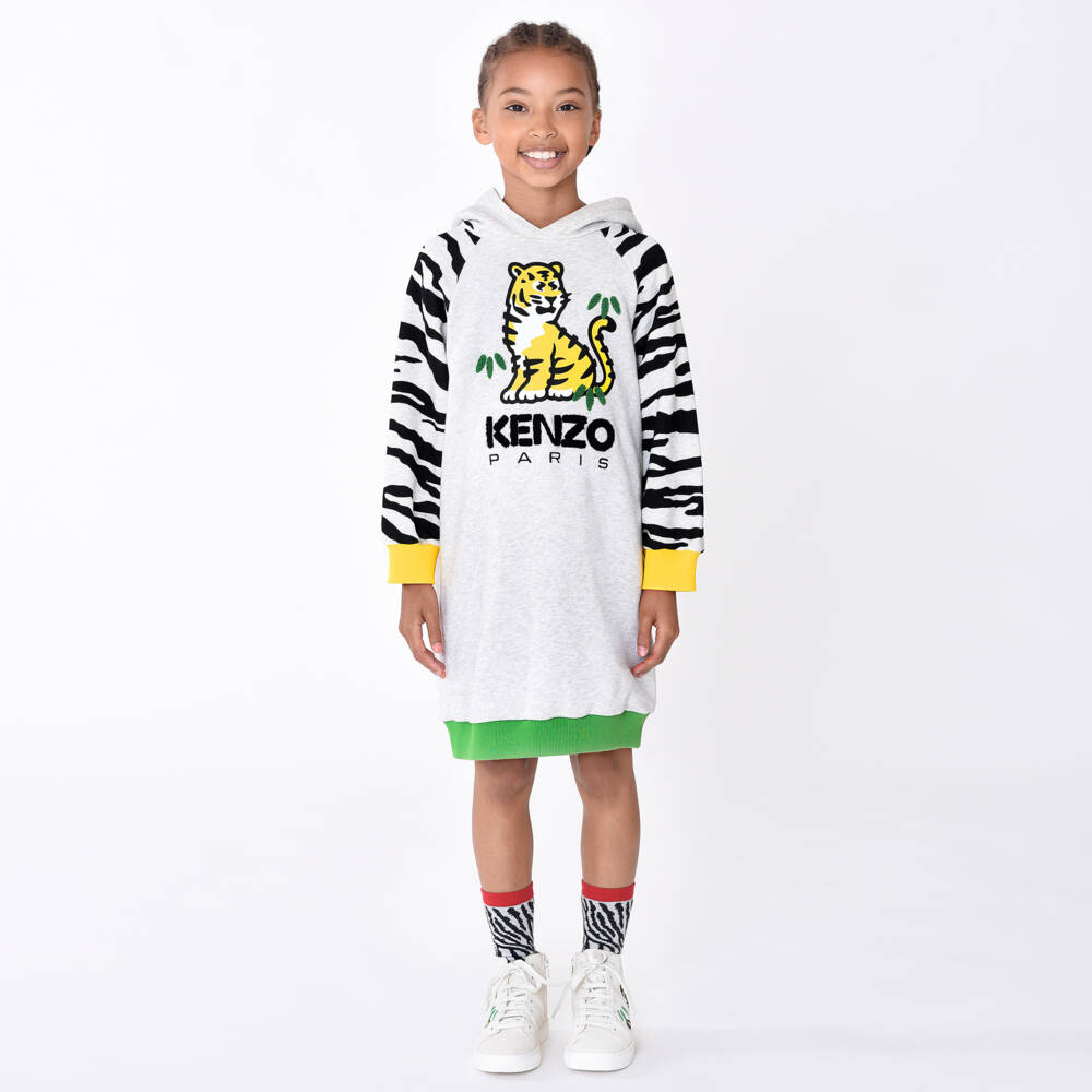 KENZO KIDS-Платье-худи серое с тигром для девочек | Childrensalon Outlet