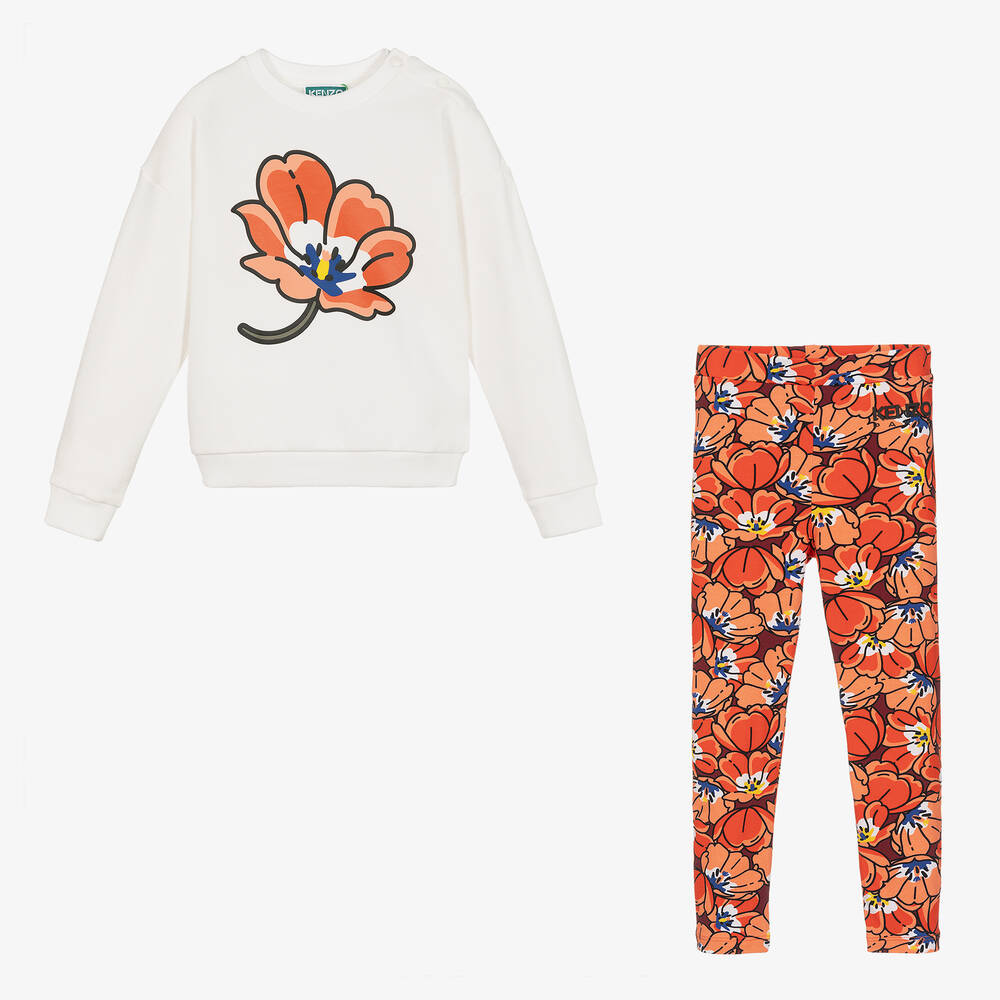 KENZO KIDS-طقم ليقنز  قطن جيرسي لون عاجي وأحمر للبنات | Childrensalon Outlet