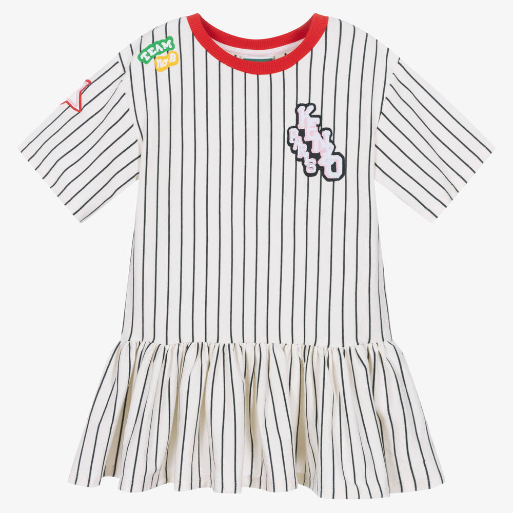 KENZO KIDS - Girls Ivory Cotton Baseball Stripe Dress | Childrensalon
