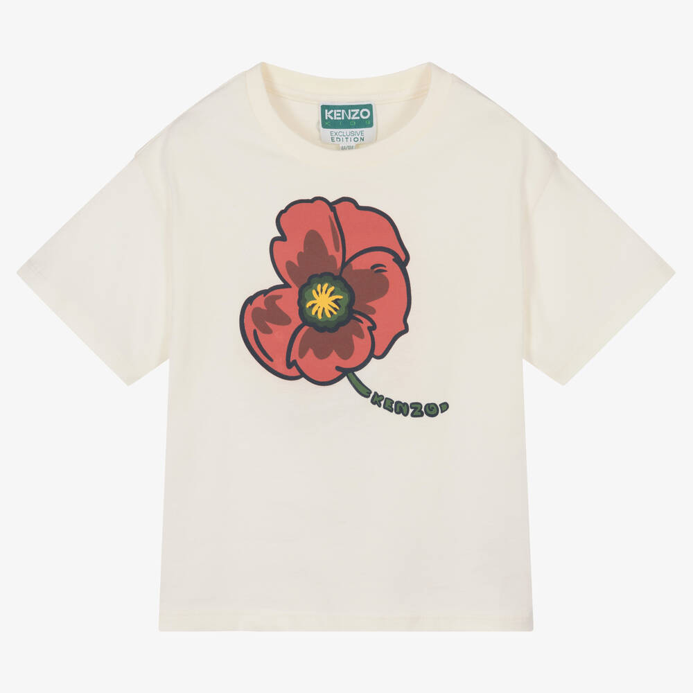KENZO KIDS - Girls Ivory Cotton Poppy Logo T-Shirt | Childrensalon