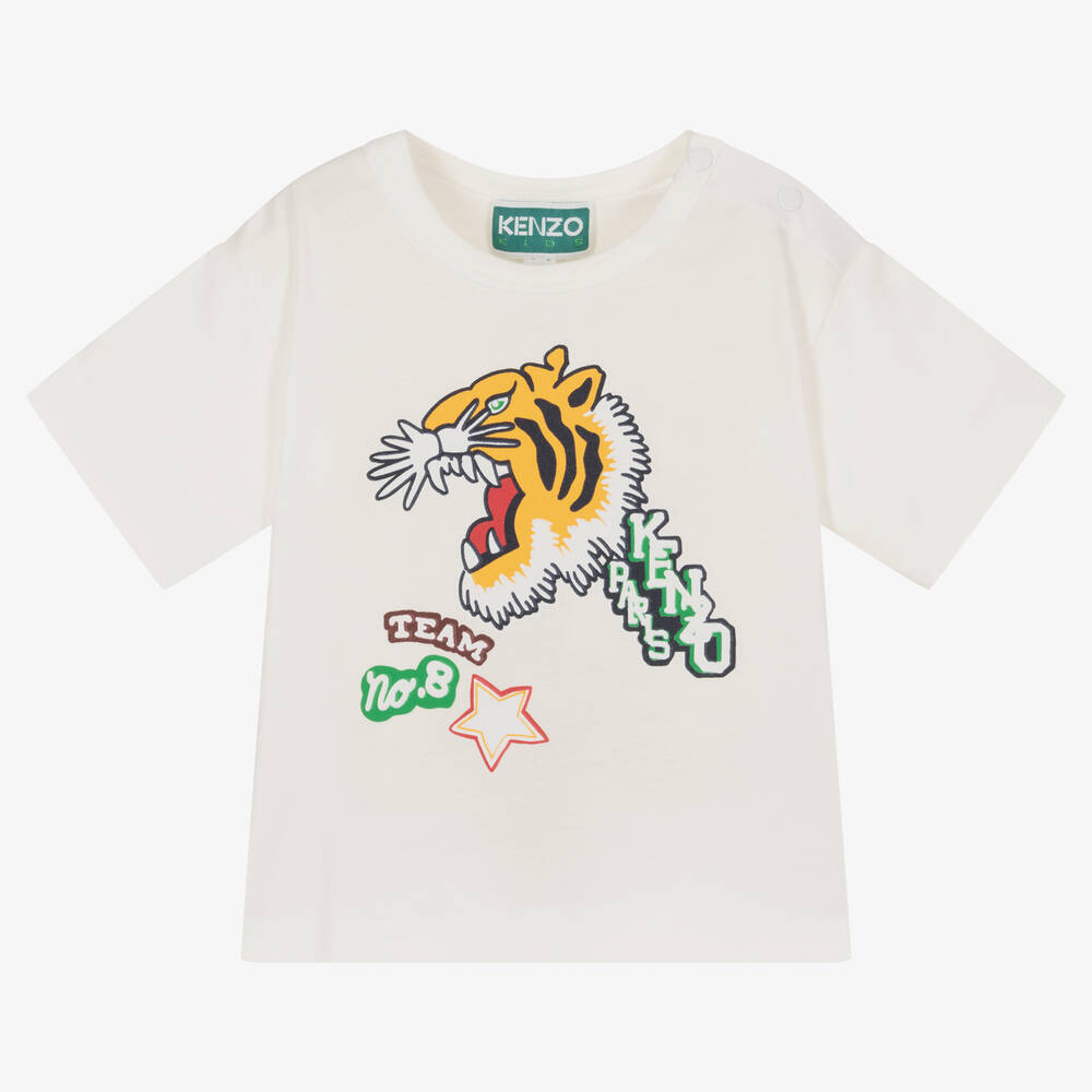KENZO KIDS - Girls Ivory Cotton Varsity Tiger T-Shirt | Childrensalon