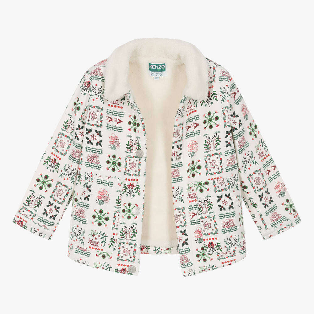 KENZO KIDS-Кремовая куртка из хлопка и шерпы с новогодним принтом | Childrensalon Outlet