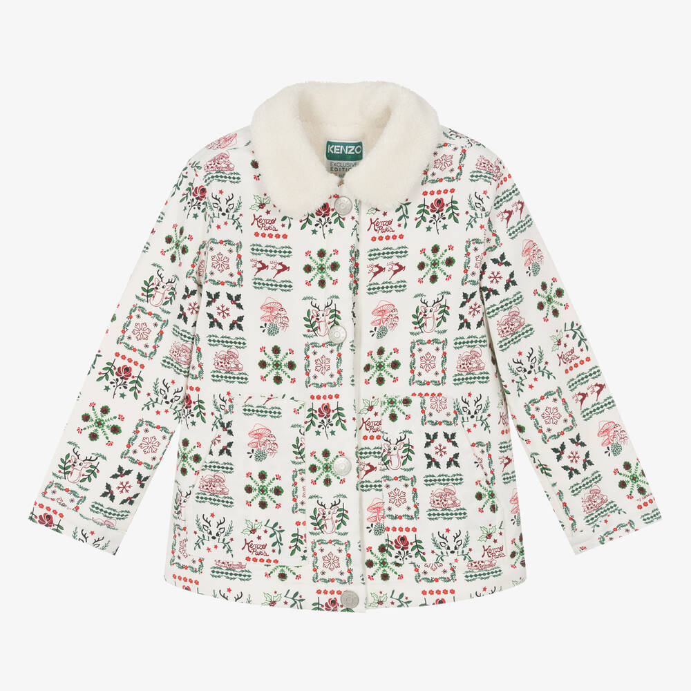 KENZO KIDS - Girls Ivory Festive Cotton & Sherpa Jacket | Childrensalon