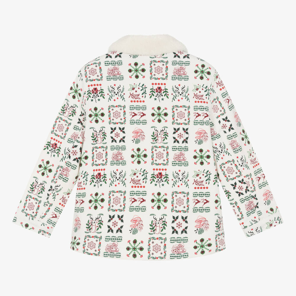 KENZO KIDS-Кремовая куртка из хлопка и шерпы с новогодним принтом | Childrensalon Outlet