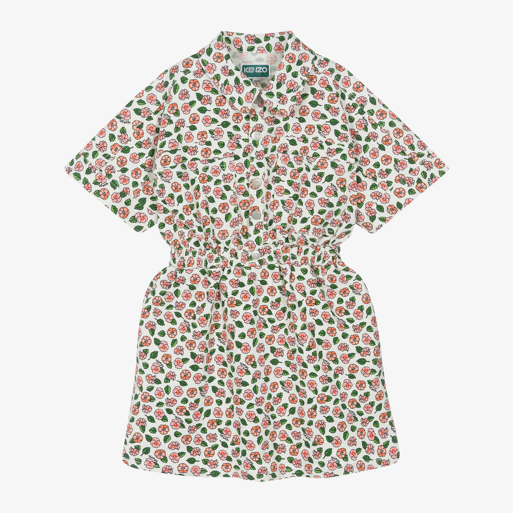 KENZO KIDS-Girls Ivory Floral Denim Shirt Dress | Childrensalon Outlet
