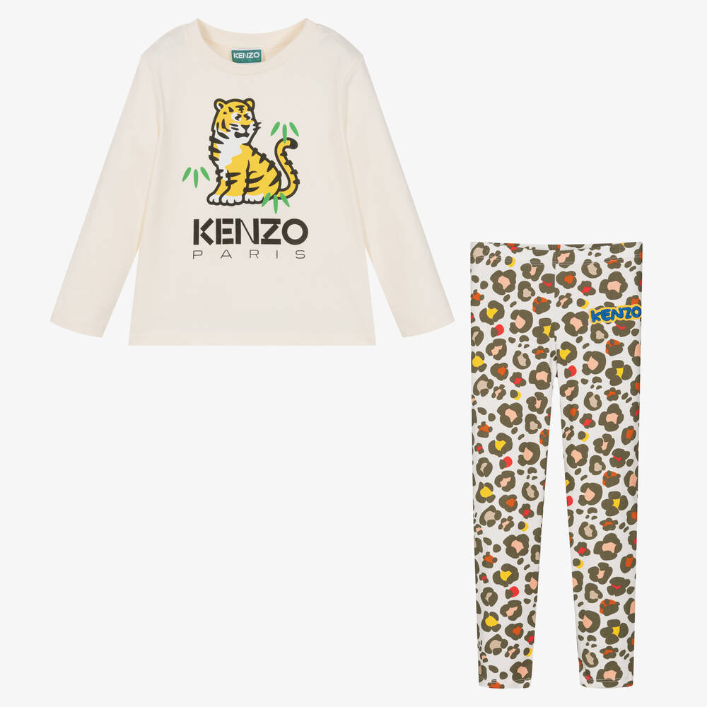 KENZO KIDS - طقم ليقنز  بطبعة نمر كوتورا  قطن لون عاجي للبنات | Childrensalon