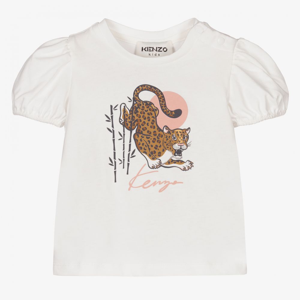 KENZO KIDS - Кремовая футболка с леопардом для девочек | Childrensalon
