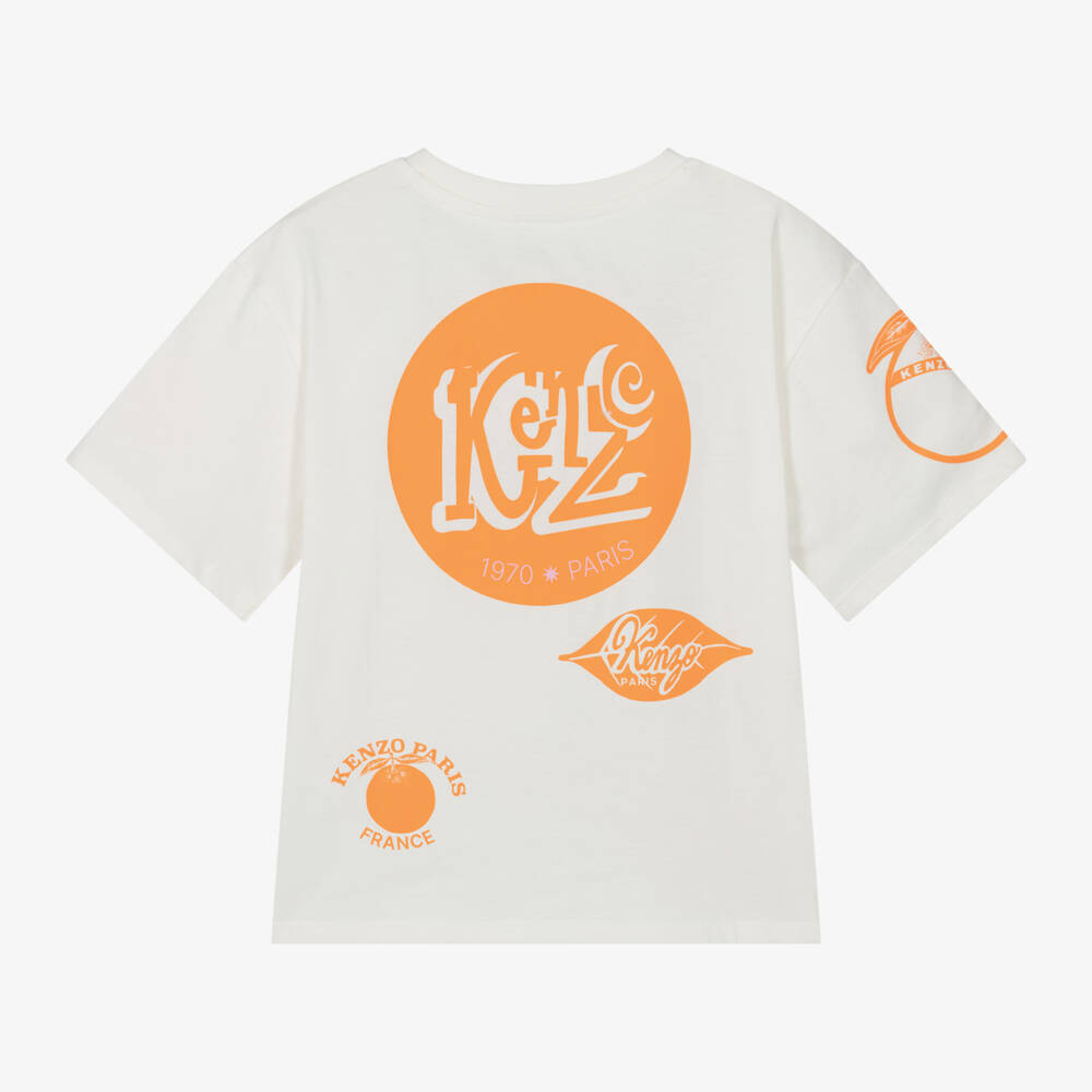KENZO KIDS-Кремовая и оранжевая футболка с фруктами для девочек | Childrensalon Outlet
