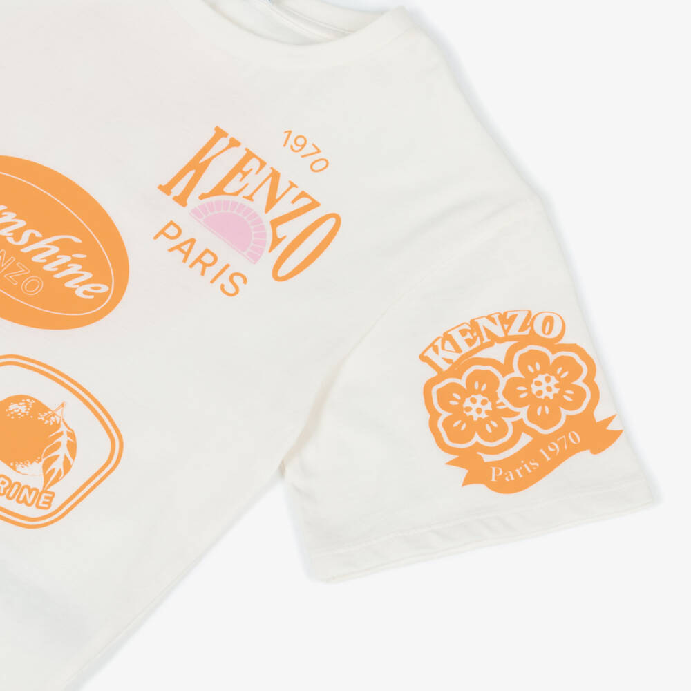 KENZO KIDS-Кремовая и оранжевая футболка с фруктами для девочек | Childrensalon Outlet