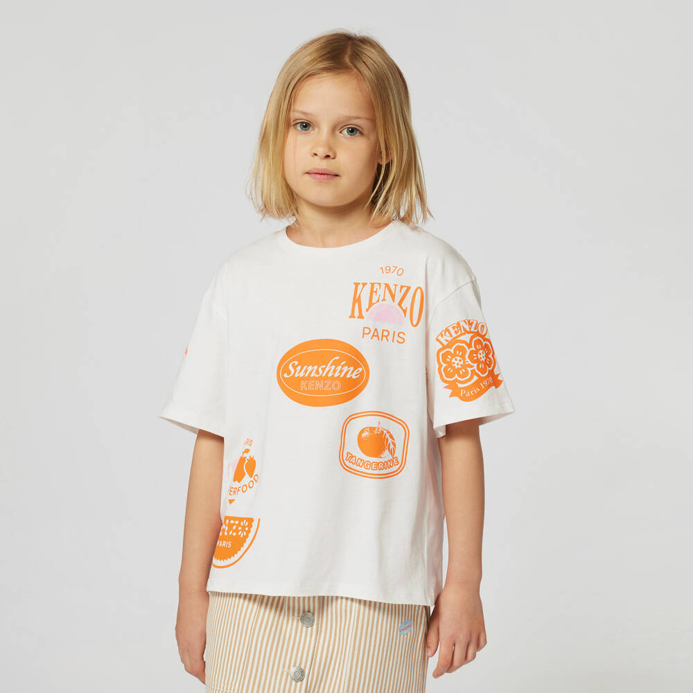 KENZO KIDS-Кремовая и оранжевая футболка с фруктами для девочек | Childrensalon Outlet