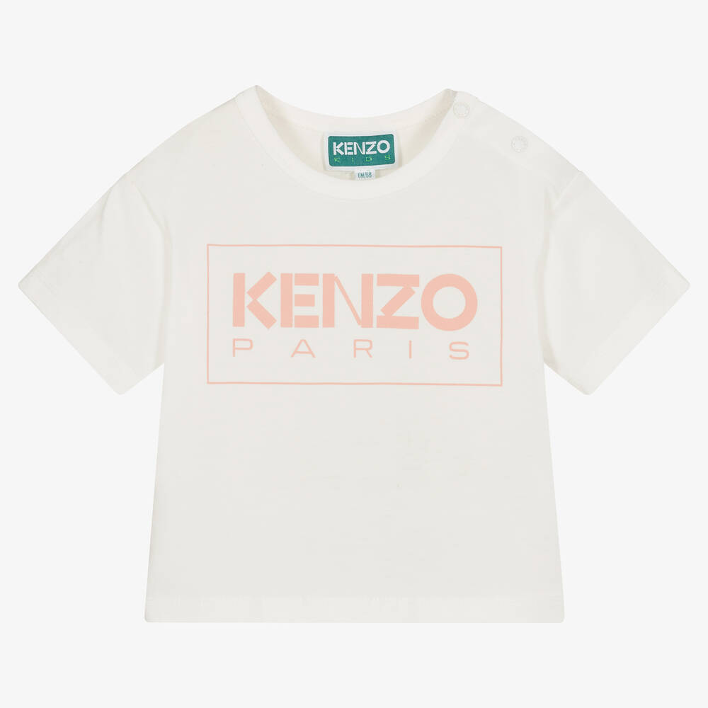 KENZO KIDS - Girls Ivory & Pink Cotton T-Shirt | Childrensalon