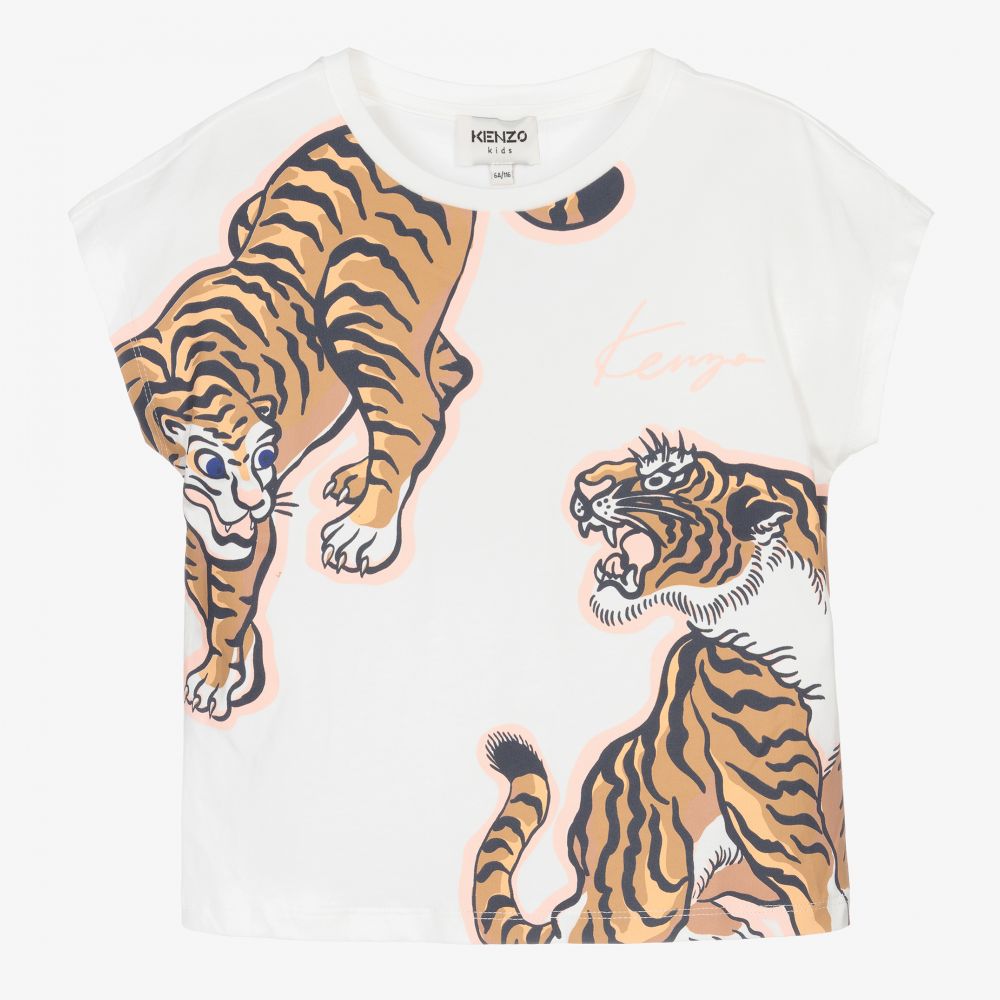 KENZO KIDS - Кремовая футболка с тиграми для девочек | Childrensalon