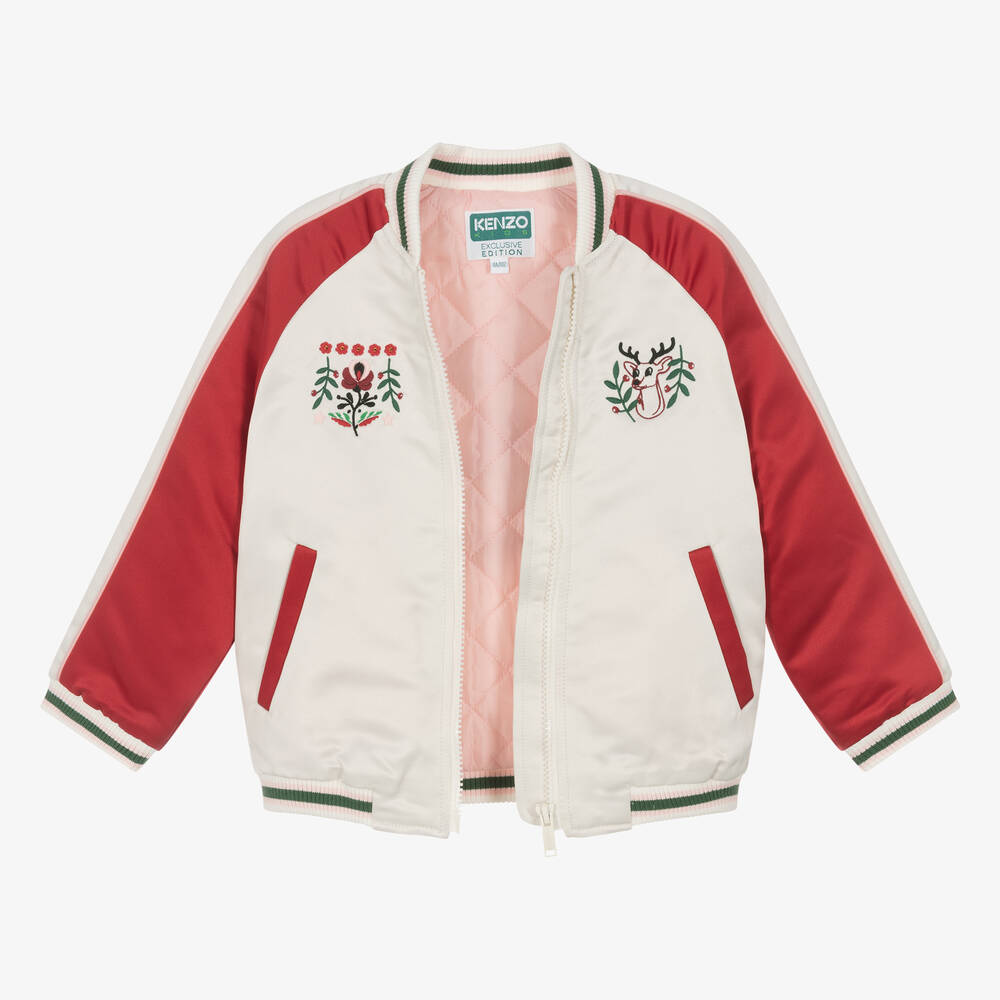 KENZO KIDS-Girls Ivory & Red Festive Satin Bomber Jacket | Childrensalon Outlet