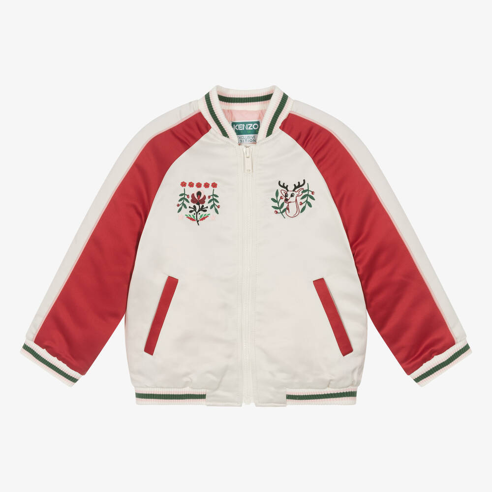 KENZO KIDS - Girls Ivory & Red Festive Satin Bomber Jacket | Childrensalon