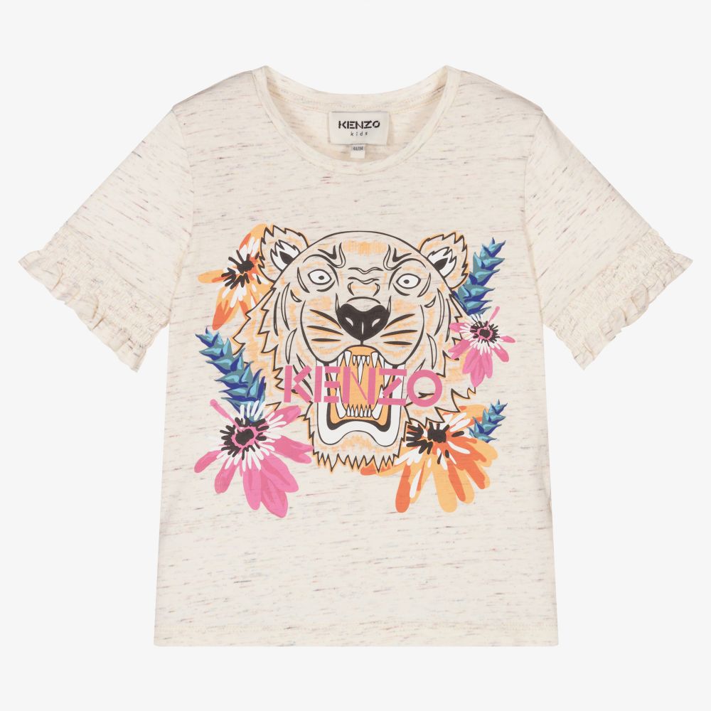 KENZO KIDS - Кремовая футболка с тигром для девочек | Childrensalon