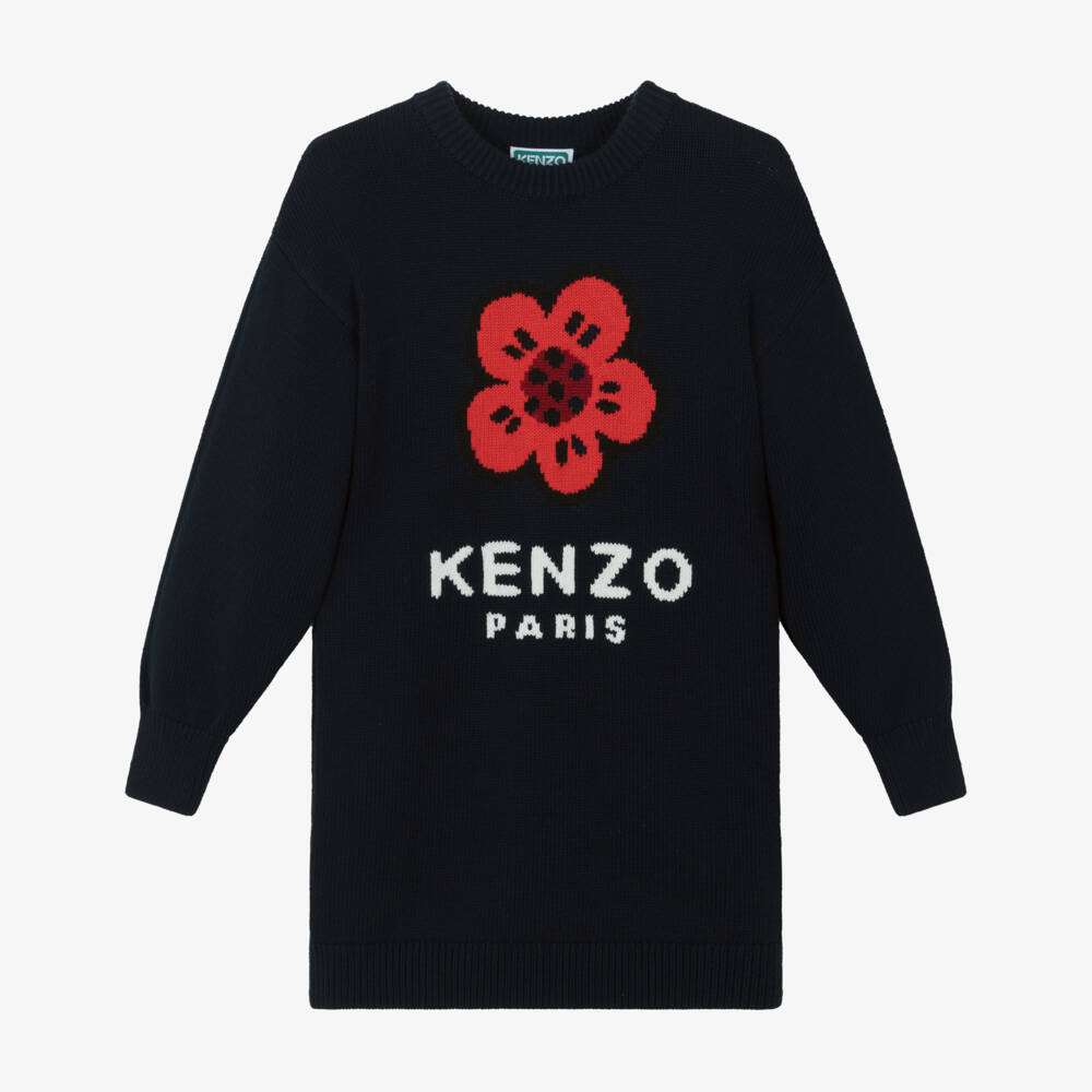 KENZO KIDS-Girls Navy Blue Knitted Boke Flower Dress | Childrensalon Outlet
