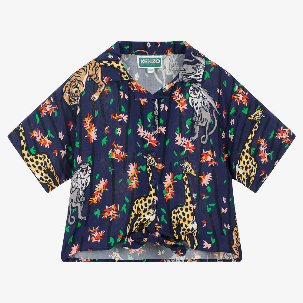 KENZO KIDS - Girls Navy Blue Viscose Cropped Shirt | Childrensalon