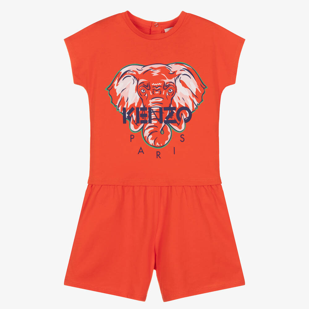 KENZO KIDS - Girls Orange Elephant Playsuit | Childrensalon