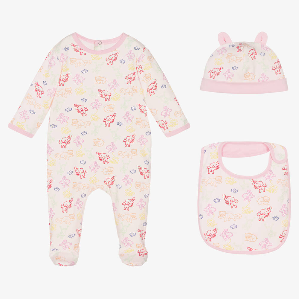 KENZO KIDS - Girls Pink Cotton Animal Babysuit Set | Childrensalon