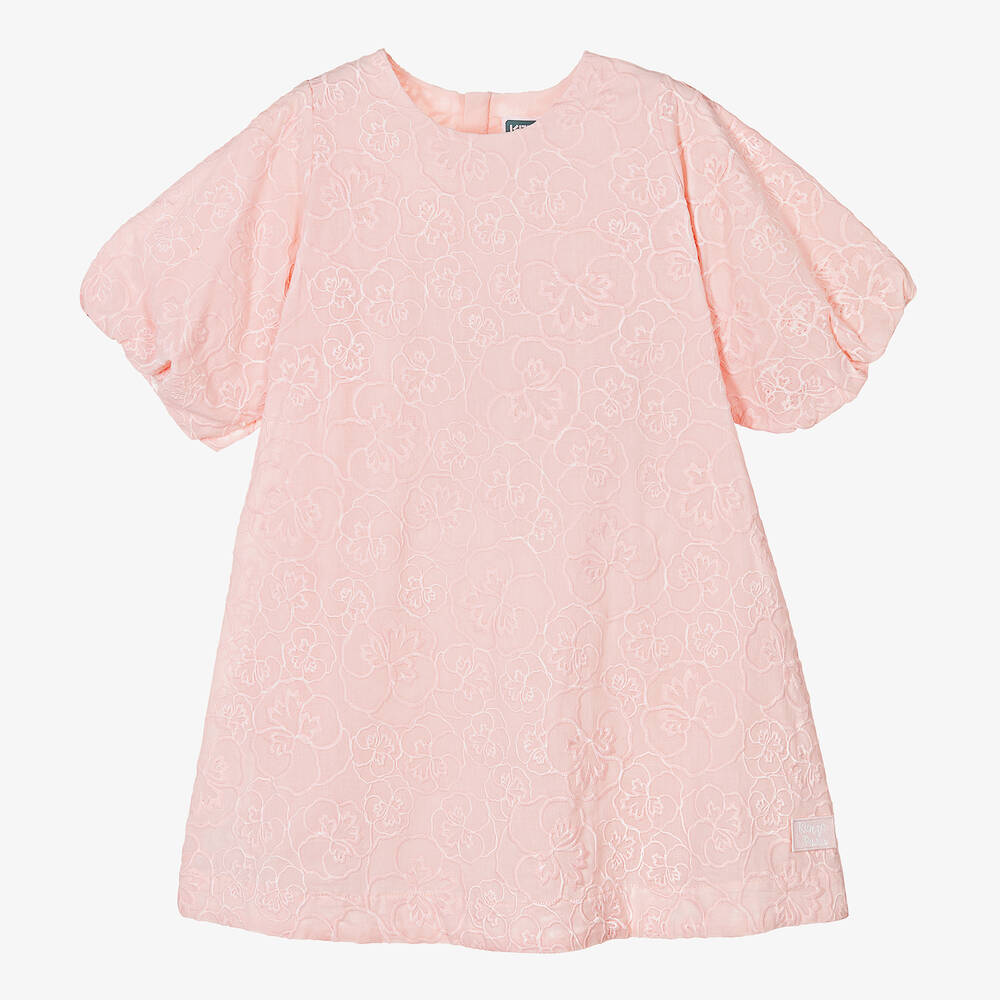 KENZO KIDS-Girls Pink Cotton Embroidered Floral Dress | Childrensalon Outlet