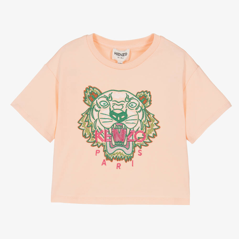 KENZO KIDS - Розовая хлопковая футболка с тигром из блесток | Childrensalon