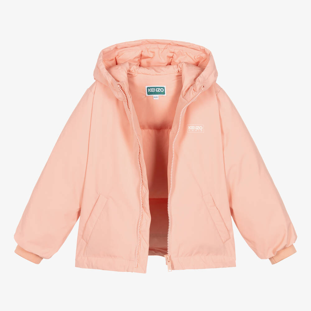 KENZO KIDS-جاكيت بافر هودي لون زهري مبطن بريش للبنات | Childrensalon Outlet