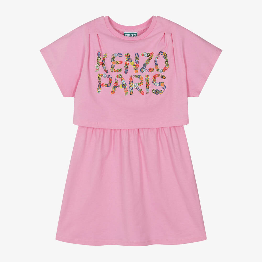KENZO KIDS-فستان قطني وردي للبنات بشعار الفاكهة | Childrensalon Outlet