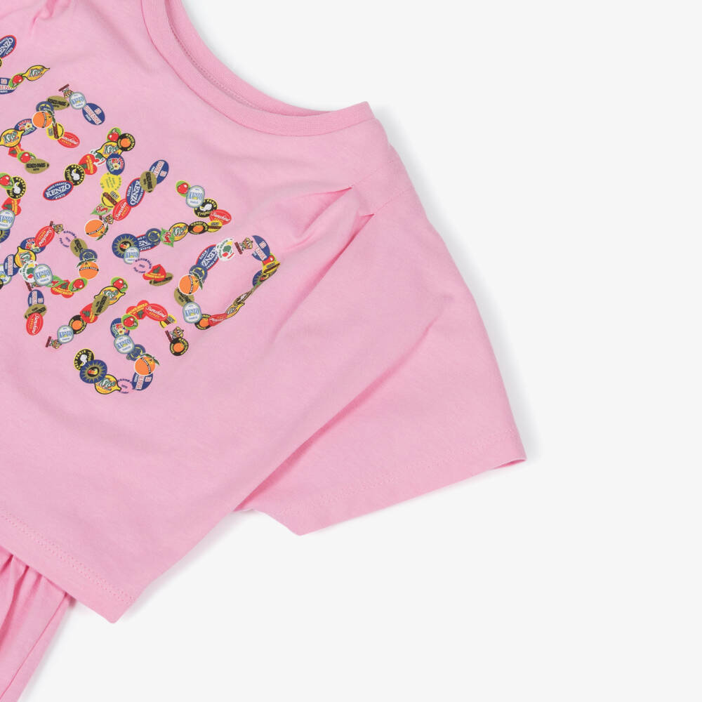 KENZO KIDS-فستان قطني وردي للبنات بشعار الفاكهة | Childrensalon Outlet
