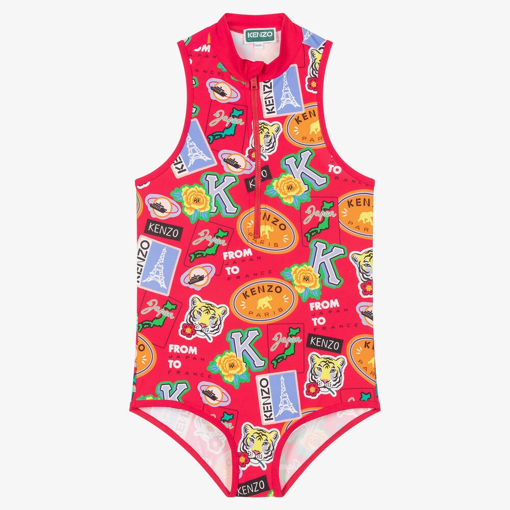 KENZO KIDS - Girls Pink Graphic Zip-Up Swimsuit | Childrensalon