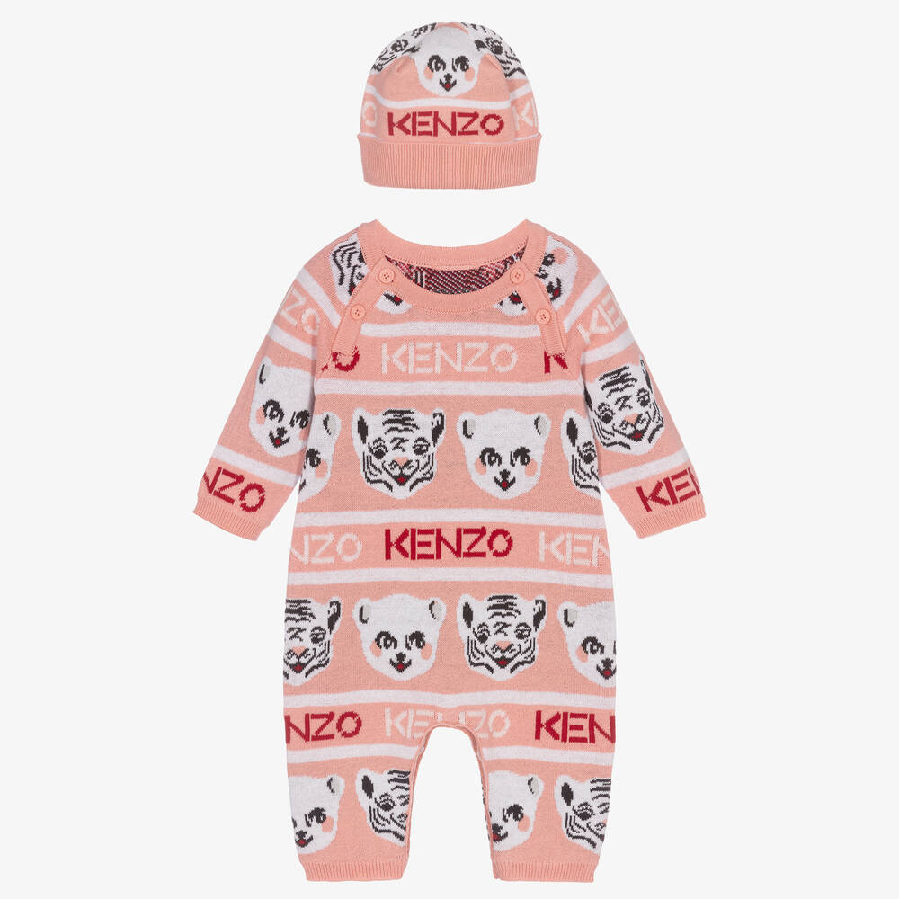 KENZO KIDS - Розовый вязаный комбинезон и шапочка для малышек | Childrensalon