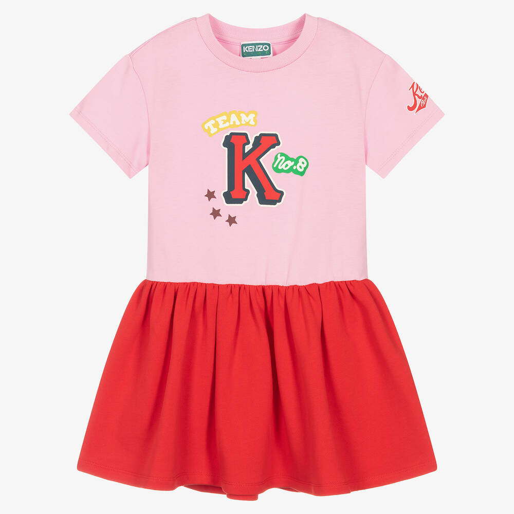 KENZO KIDS - فستان فارسيتي قطن لون زهري وأحمر | Childrensalon