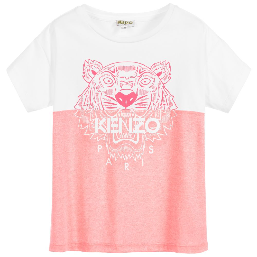 KENZO KIDS - تيشيرت جيرسي لون أبيض وزهري للبنات | Childrensalon