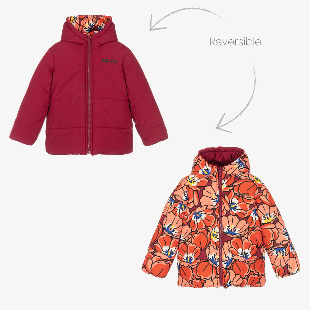 KENZO KIDS - Girls Purple Flower Reversible Puffer Coat | Childrensalon