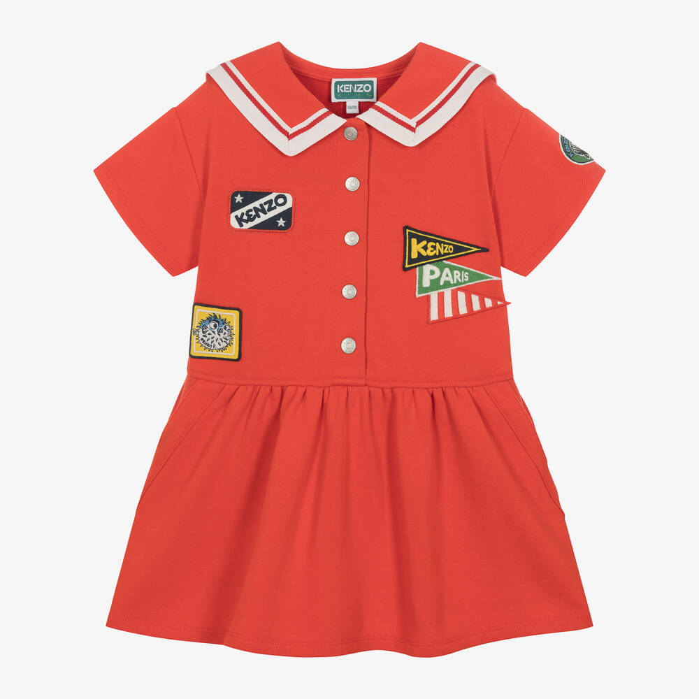 KENZO KIDS-Girls Red Cotton Collared Dress | Childrensalon Outlet