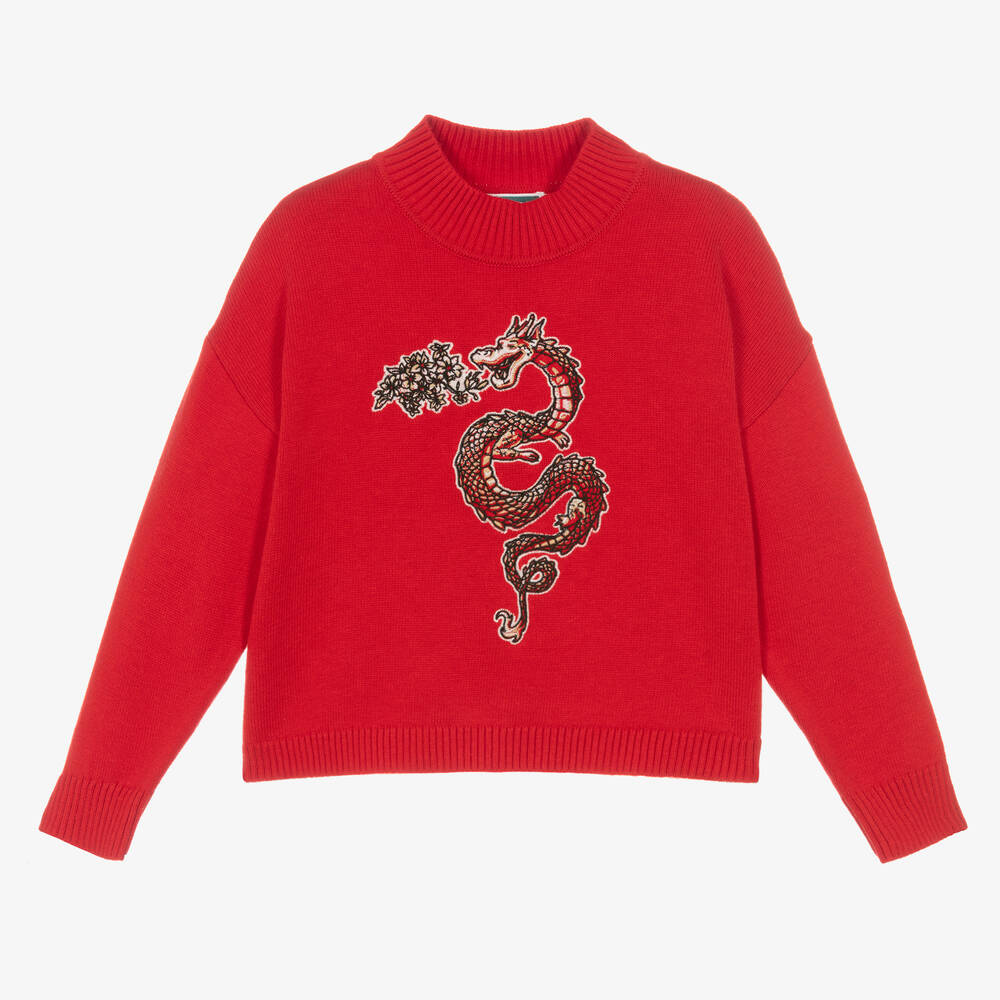 Girls Red Cotton Knit Dragon Sweater