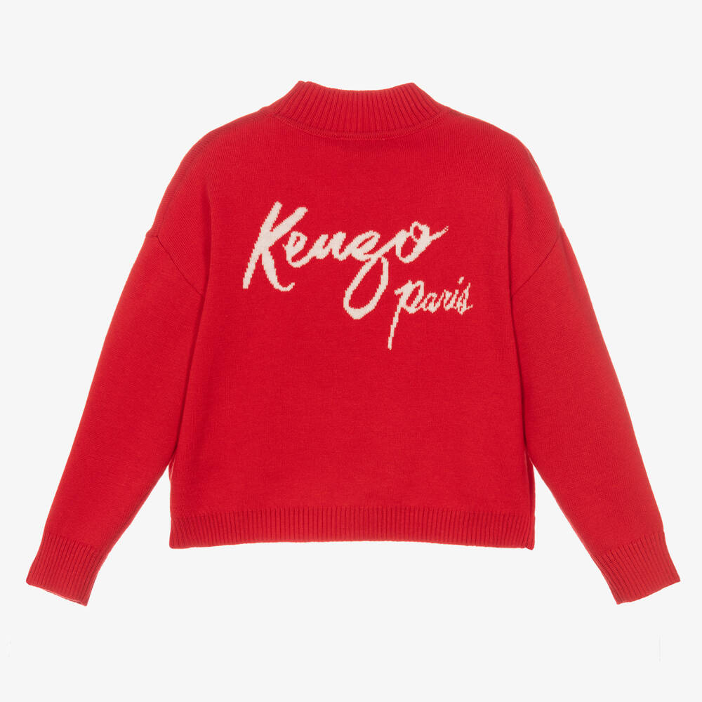 KENZO KIDS Girls Red Cotton Knit Dragon Sweater Childrensalon Outlet