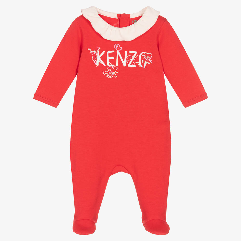 KENZO KIDS - Girls Red Cotton Ruffle Babygrow | Childrensalon