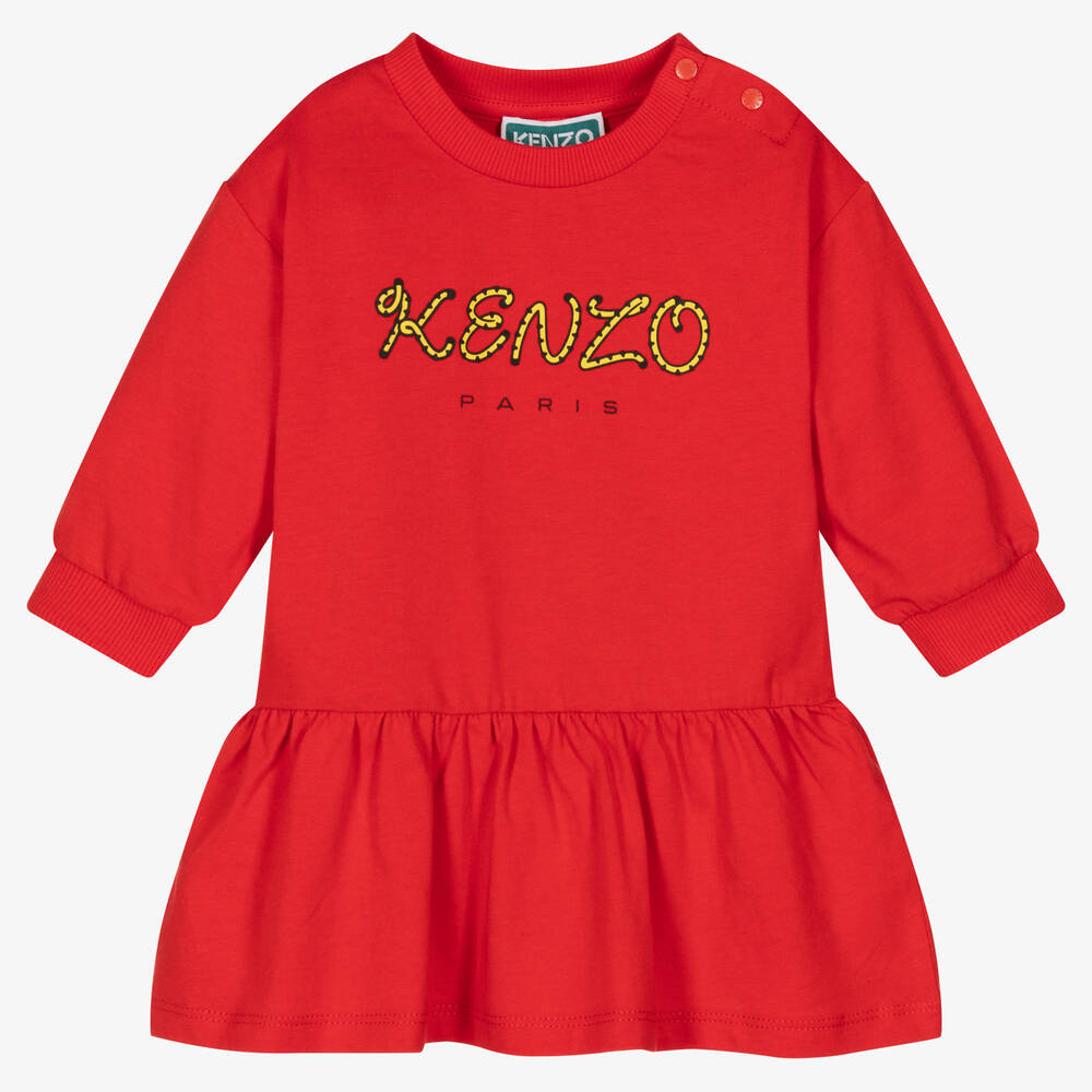 KENZO KIDS - فستان أطفال بناتي قطن عضوي لون أحمر | Childrensalon