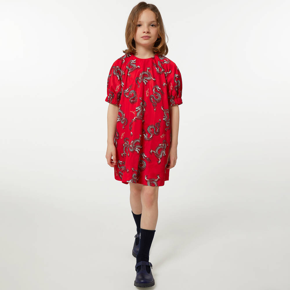KENZO KIDS-Красное атласное платье с драконами для девочек | Childrensalon Outlet